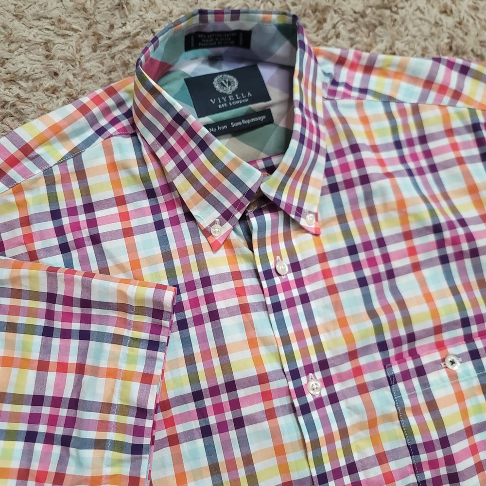 Viyella Button Down Shirt Mens L Multicolor Plaid Short Sleeve No Iron Cotton
